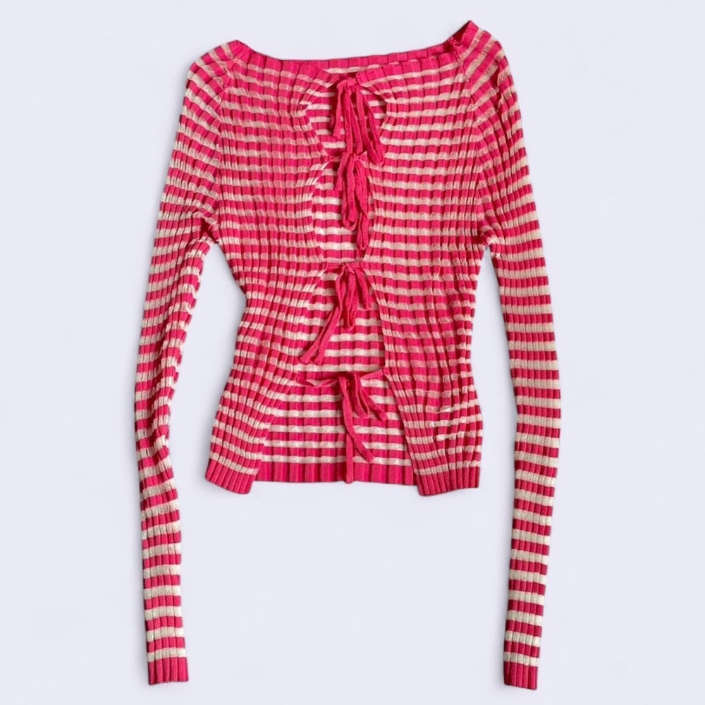 Pink and White Striped sheer tie up blouse